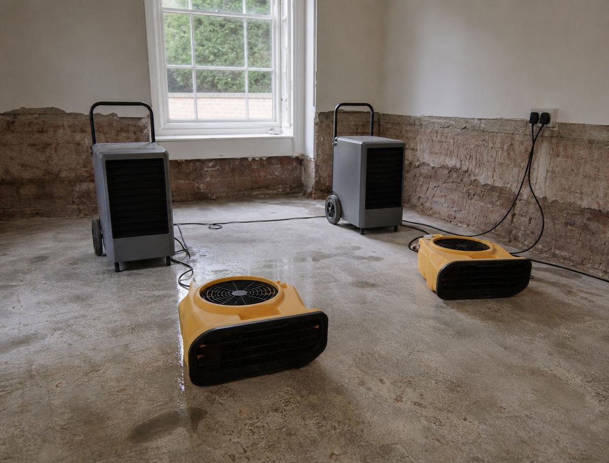 Industrial dehumidifiers and air movers drying a flood-damaged room
