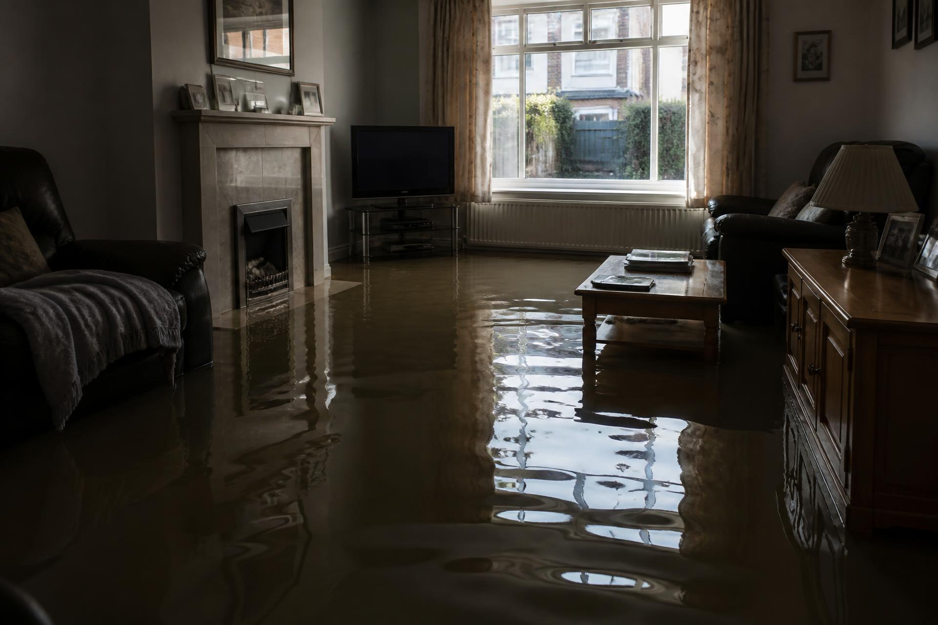 Flooded living room in a UK home with standing water across the floor