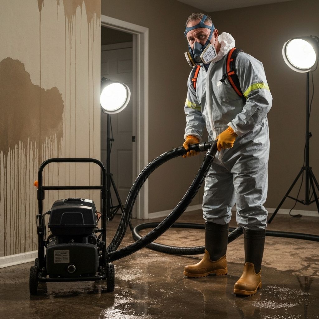 RapidDry technician in PPE using water extraction equipment in a flood-damaged room